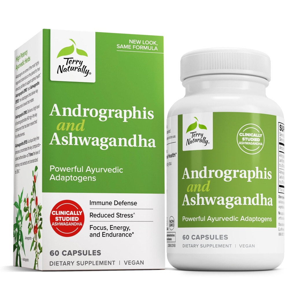 Terry Naturally Andrographis og Ashwagandha - Immune System Support Supplement - Støtte Energi og sunn stressrespons - Energistøtte Supplement - 60 Kapsler (60 Serveringer)