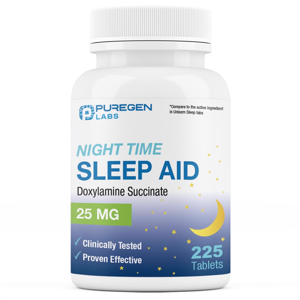 Puregen Labs Doxylamine Succinate 25mg | Natt søvnhjelp | Sikker og effektiv | Ikke-Habit Forming Sleep Aid | Laget i USA | 225 Tabletter