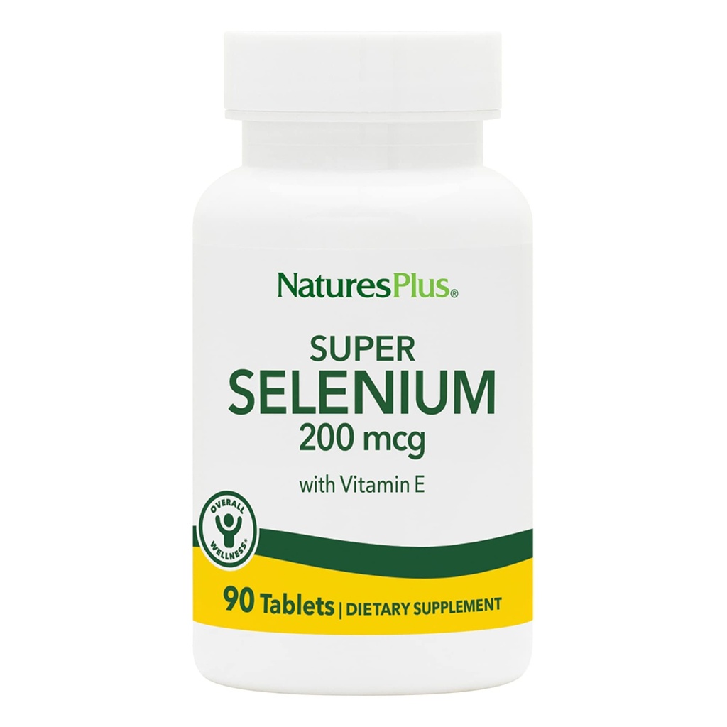 NaturesPlus Super Selenium Complex - 200 mcg, 90 vegetariske tabletter - essensielt mineraltilskudd med vitamin E - fremmer sunn thyroid - antioksidant - Glutenfri - 90 serveringer