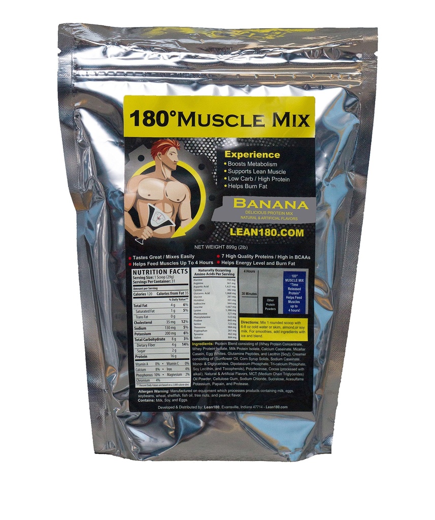 Lean 180 Muscle Mix - Beste Tasting Whey Protein Shake - Frokost, Post Workout, Snack - Hjelper Lean Muscle, Øker Energi - Smaker Flott - 31 Skaker - Banan