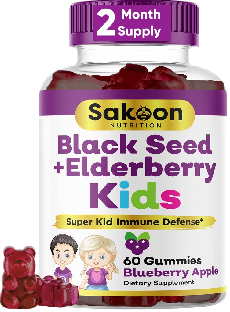 Sakoon ernæring Elderbær & svart frøolje gummier for barn, immun støtte, med vitamin C og sink, Delicious Berry Flavor, 60 gummier