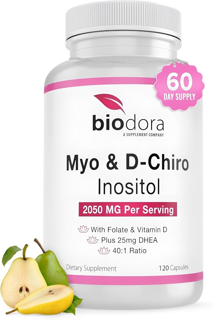 Myo & D-Chiro Inositol Supplement, med Folat og vitamin D, 40 til 1 forhold, inkluderer DHEA, hjelper i hormonbalanse, ovarian funksjon, 2050mg per servering, 120 kapsler