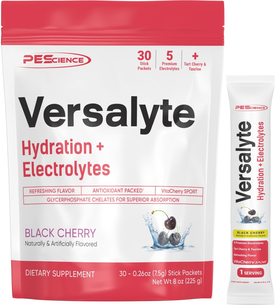 PEScience Versalyte Electrolyte Hydration Packets, Sugar Free Electrolyte pulver med magnesium, Taurin, Antioksidanter, Trace Minerals - Svart Cherry, 30 Services