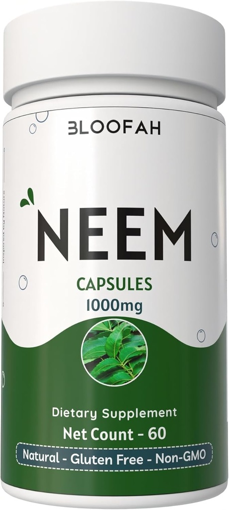 Neem Leaf Capsules 1000 mg pulver | Azadirachta Indica Herbal Supplement | Ikke-GMO, Glutenfri, Ingen kunstige additiver | Pure Neem Powder (60 Count (Pack of 1))