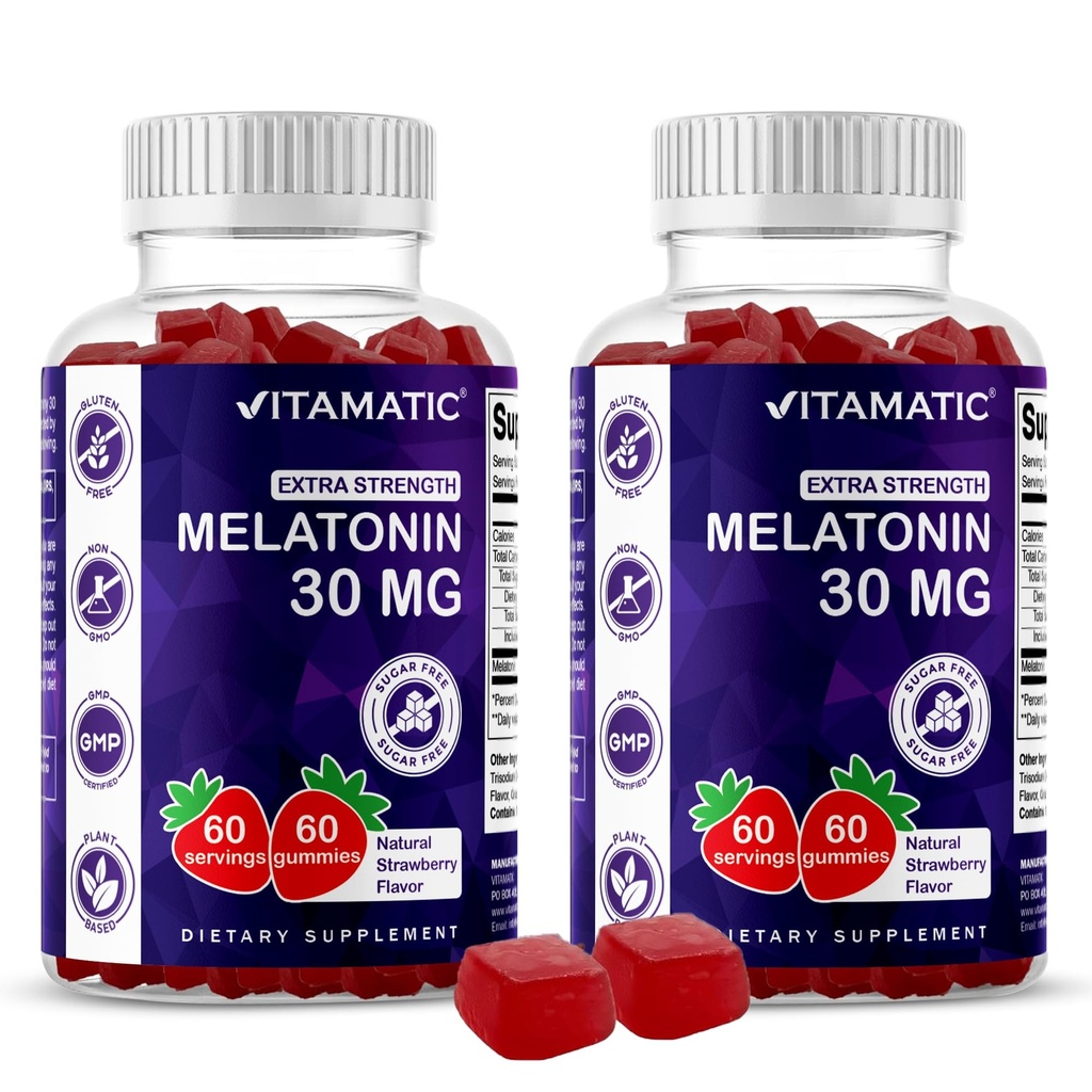 Vitamatic Sukker Gratis Melatonin 30mg per Gummy - 60 Serveringer - 60 Vegetariske Gummier - Ikke-Habit Forming Supplement (60 greve (Pack of 2))