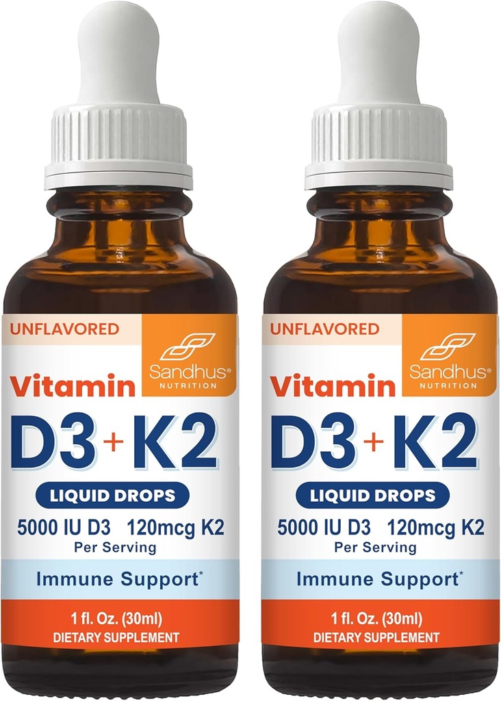 Sandhu vitamin D3 K2 Drops for voksne | 5000 IU D3 Liquid, 120mcg K2 Supplement 1 Fl Oz (pakke med 2) | D3K2 støtter superabsorpsjon, energi, immune, muskel helse for menn og kvinner