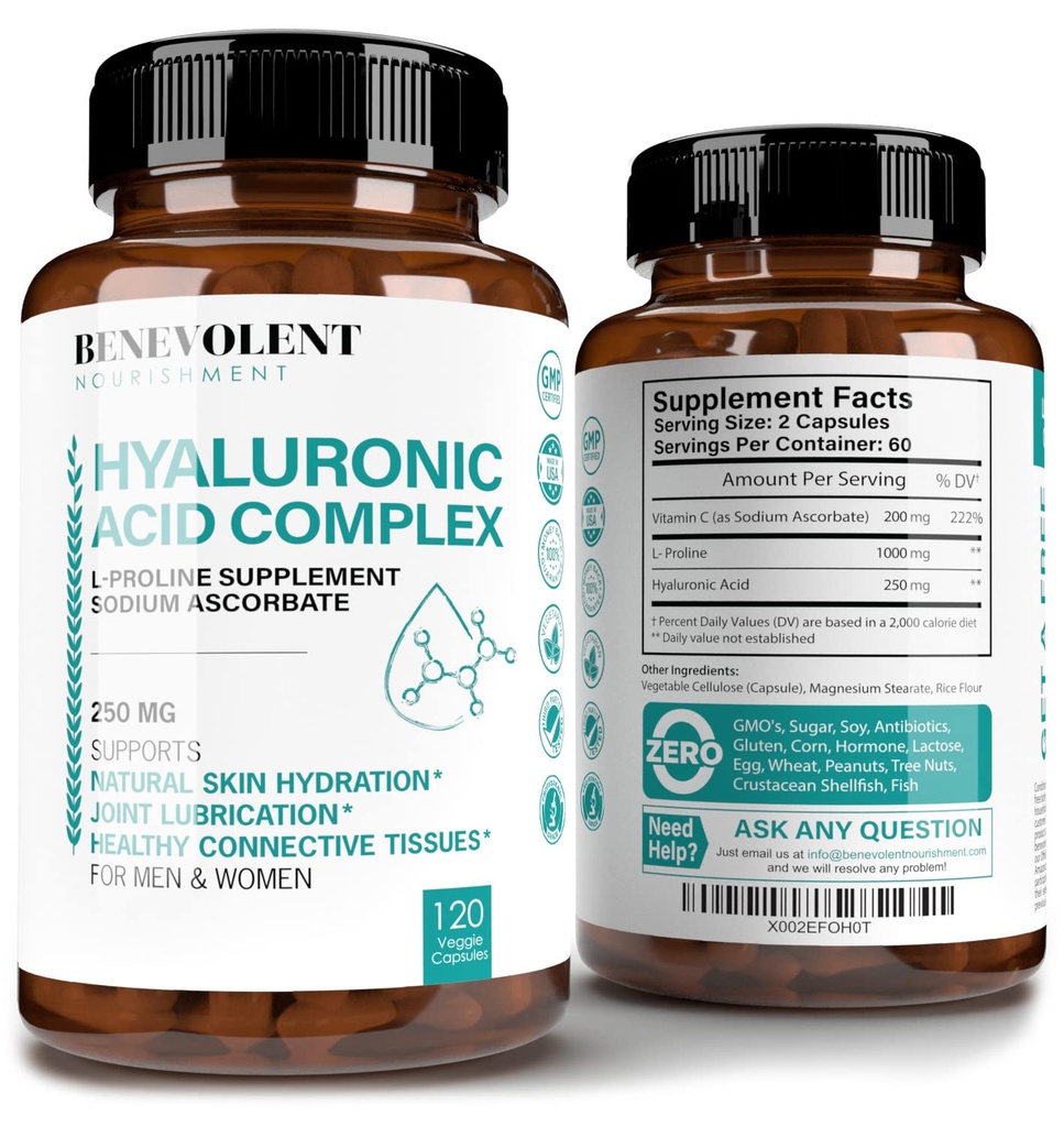 Hyaluronsyre Supplements 250mg med 200 mg vitamin C, 1000mg L-Proline og anti-aldring fordeler, hyaluronsyrekapsler for ungdomslig hud, leddene og bindemidler - 120 kapsler