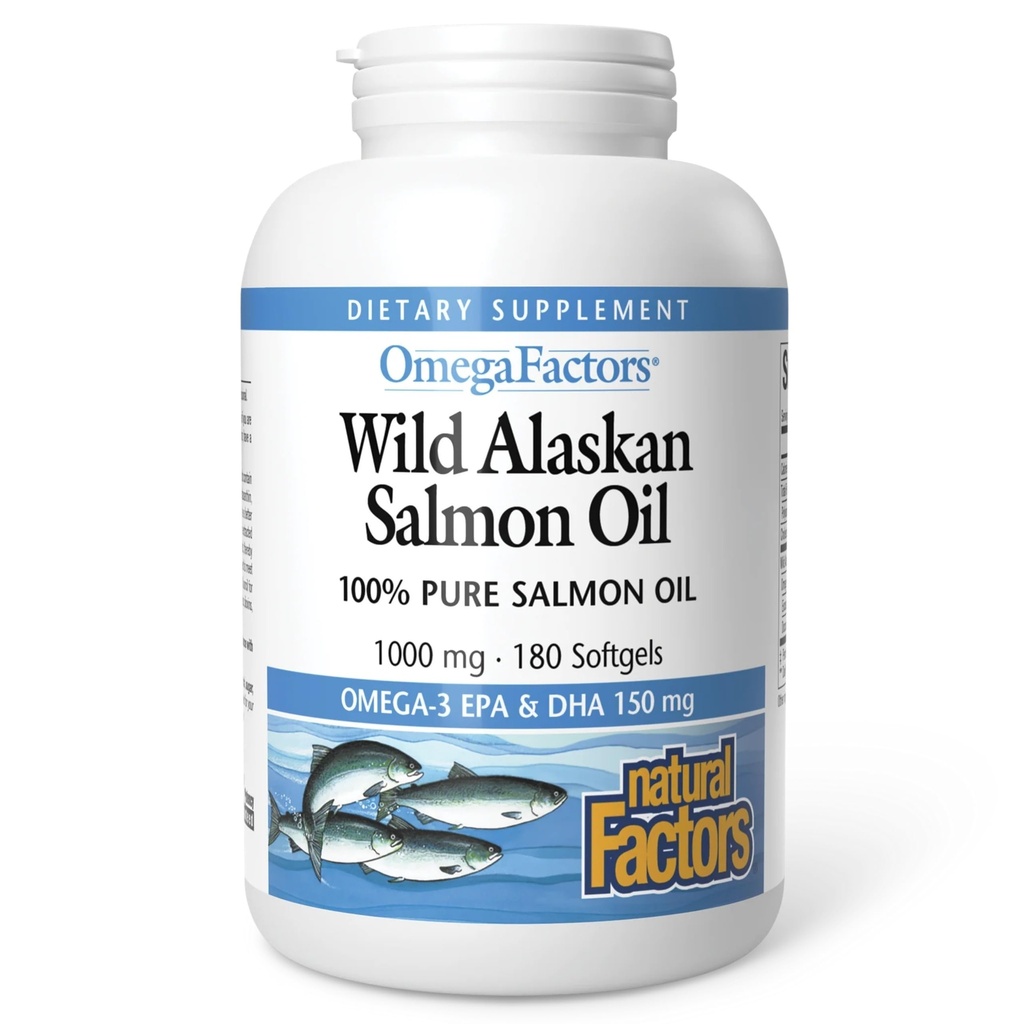 Naturlige faktorer Wild Alaskan Salmon Oil gir Omega-3, EPA, DHA og vitamin D, støtter hjerne og hjerte helse, 180 Softgels
