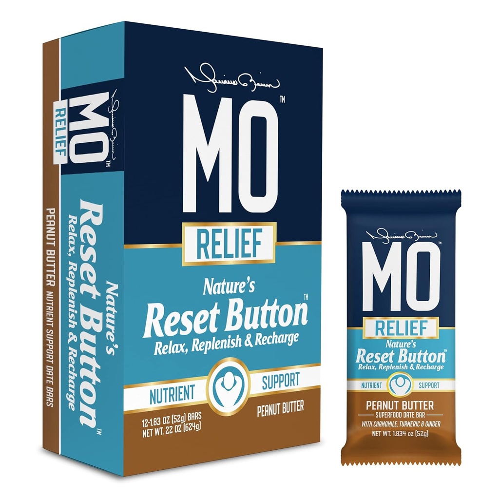 "MO RELIEF" BARS – Alt-Naturlig Superfood Snack Bar - Recovery Snack Bars – Etter trening Nutrient Support med datoer, kamille, turmerisk og ginger - (12 barer i en boks(Peanut Butter)