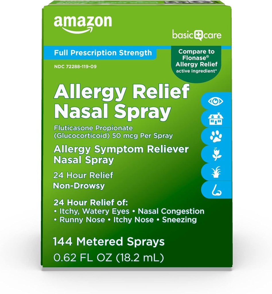 Basic Care 24 Hour Allergi Relief Nasal Spray, Fluticason Propionate (Glucocorticoid), 50 mhg, Full reseptstyrke, Ikke-Drowsy, 0,62 fl oz (Pack av 1)