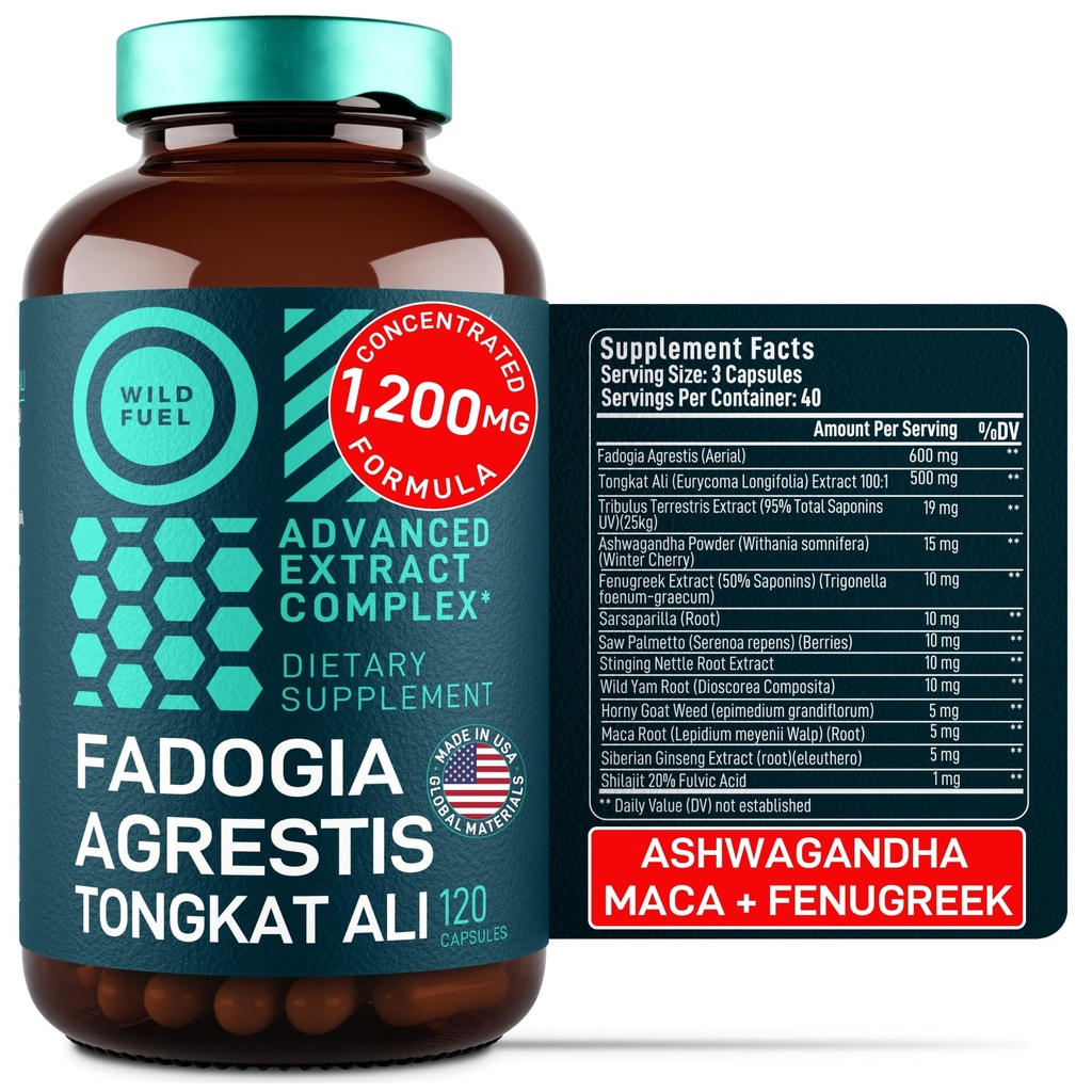 Fadogia Agrestis og Tongkat Ali Supplement - 600mg Fadogia Agrestis for menn, 500mg Longjack Tongkat Ali, Ashwagandha Maca Fenugreek Complex - Muskelstyrke, Energi, Mood Support - 120 Kapsler