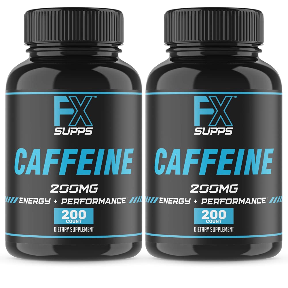 FXSUPPS Koffein 200 mg piller (2-Pack, 400 kapsler) – Hurtigaktiv energistøtte Supplement for menn og kvinner