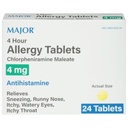 MAJOR 4 time Allergi tabletter - Klorfeniramin Maleate 4 mg - Antihistamin - 24 greve (1 pakke)