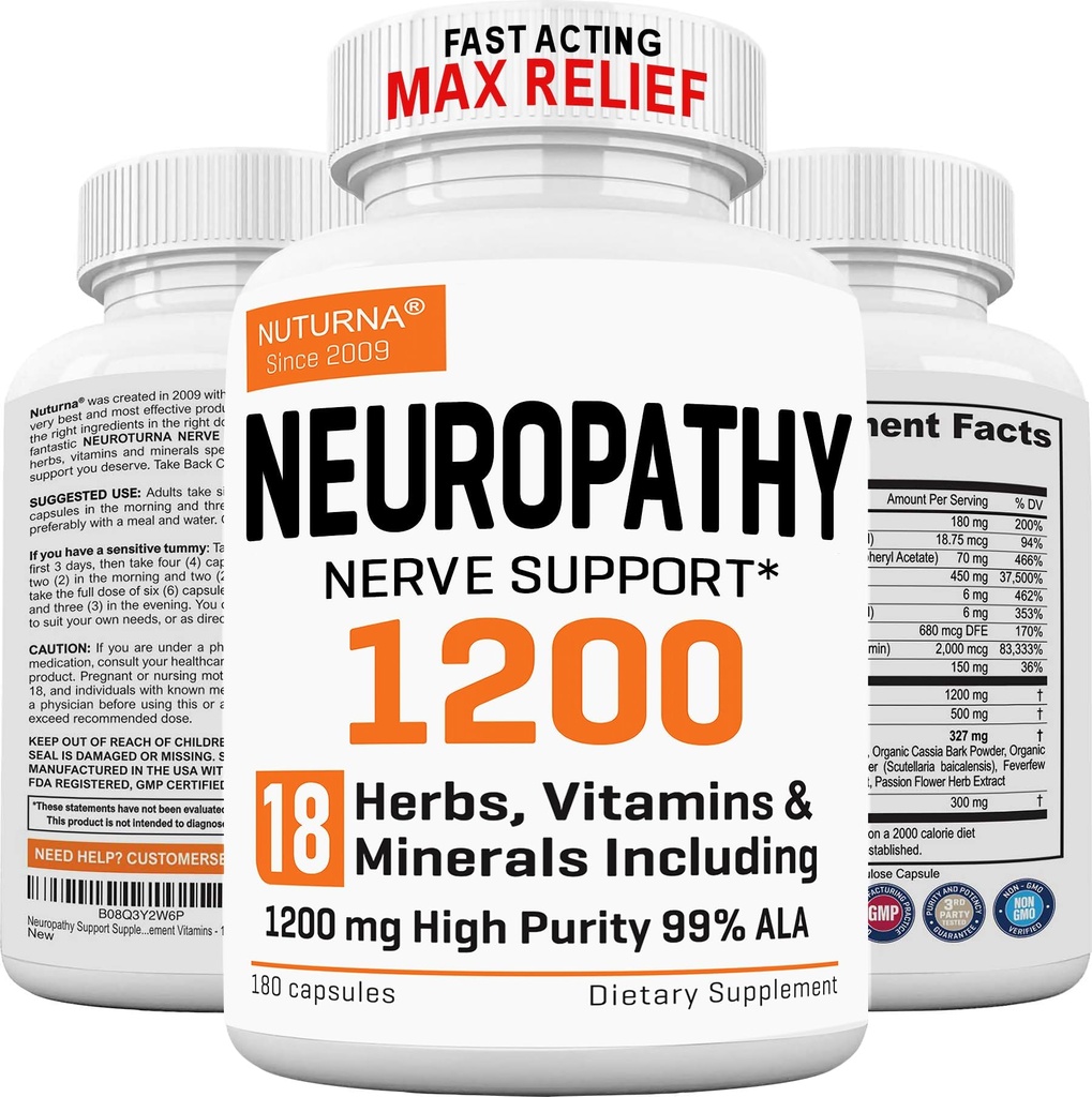 Nevropati støtte Supplement med 1200 mg HP-99 Alpha Lipoic Acid - Max styrke ALA Nerve Formula for føtter Håndfinger ben - Ultra Potent 18 i 1 Naturlig Perifer Nerve vitaminer - 180 Kapsler