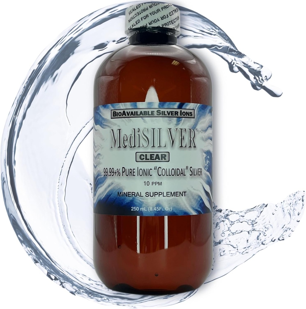 MediSILVER Clear True Free Ionic Colloidal Sølv Diett Supplement - 250 ml (8,45 Fl Oz) i BPA-fri Amber Plastflaske