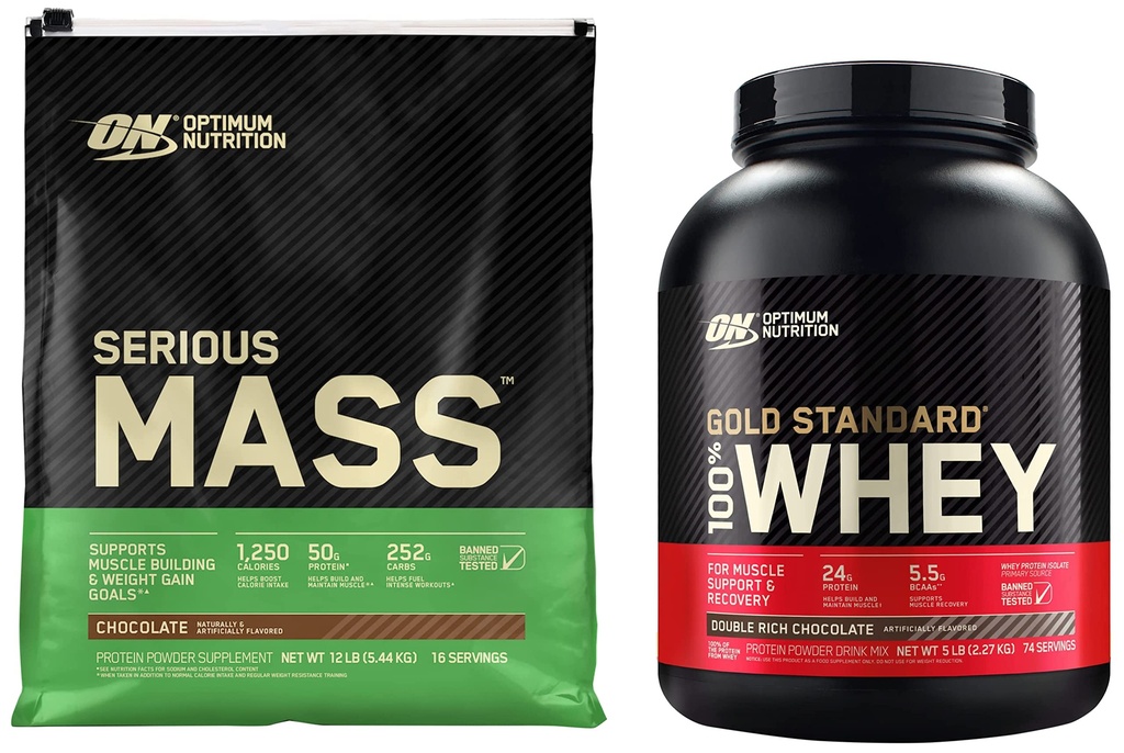 Optimum Ernæring alvorlig masse vekt gevinster protein pulver & gull standard 100% Whey Protein pulver, dobbel rik sjokolade, 5 pound (pakker mai variet)