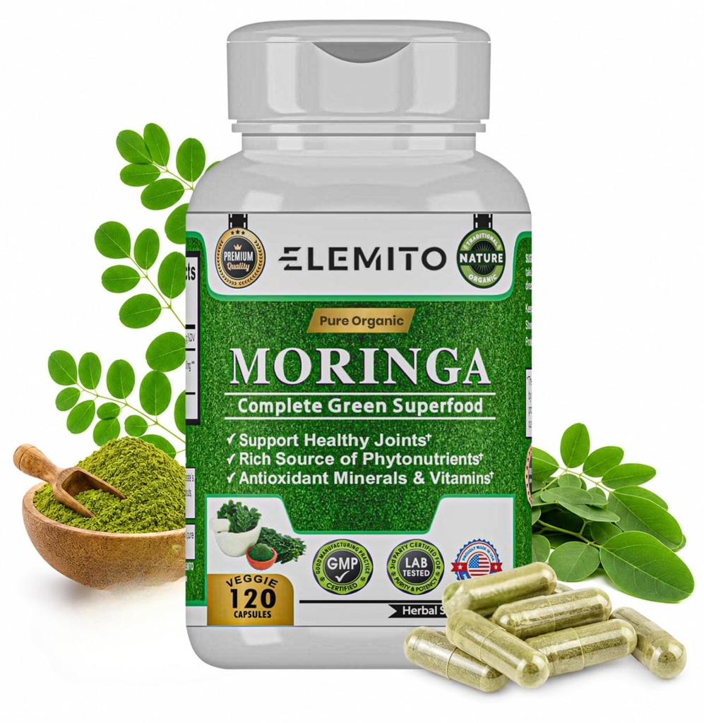Moringa Capsules, Rent bladpulver, Grønt Supermat, Energi, Metabolisme, & Immun Support, Ikke-GMO, Vegan, Glutenfri - 120 Kapsler