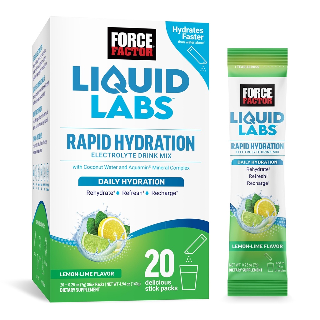 FORCE FACTOR flytende Labs Elektrolyserer pulverpakker - Lemon Lime-Hydrasjonspakker for å lage elektrolysert vann med 5 essensielle elektrolytter, vitaminer, mineraler og antioksidanter, 20 Stick Packs