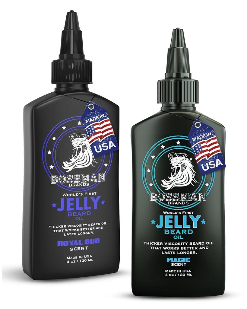 Bossman Jelly Beard Oil for menn Bundle | 2 Pack, 8 oz (Magic + Royal Oud Scents)