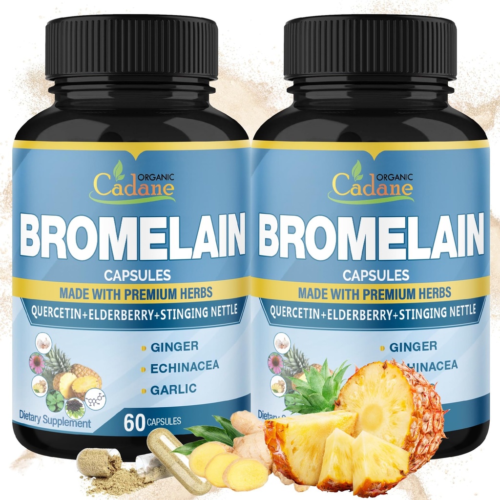 Organic Cadane 2 Pakker 60 Caps of Bromelain Capsules, med Bromelain, Quercetin, Elderberry, Ginger, Echinacea, hvitløk, svart pepper