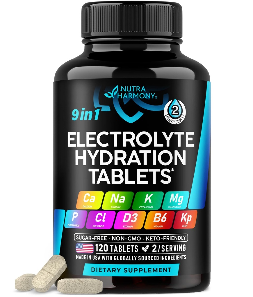 Electrolytes - Electrolyte Tabletter med magnesium, natrium, kalium, klorid, vitaminer D3 & B6, Kelp pulver - Salt piller - laget i USA - orale tabletter som kapsler - Vegan & keto vennlig - 120 Tabs
