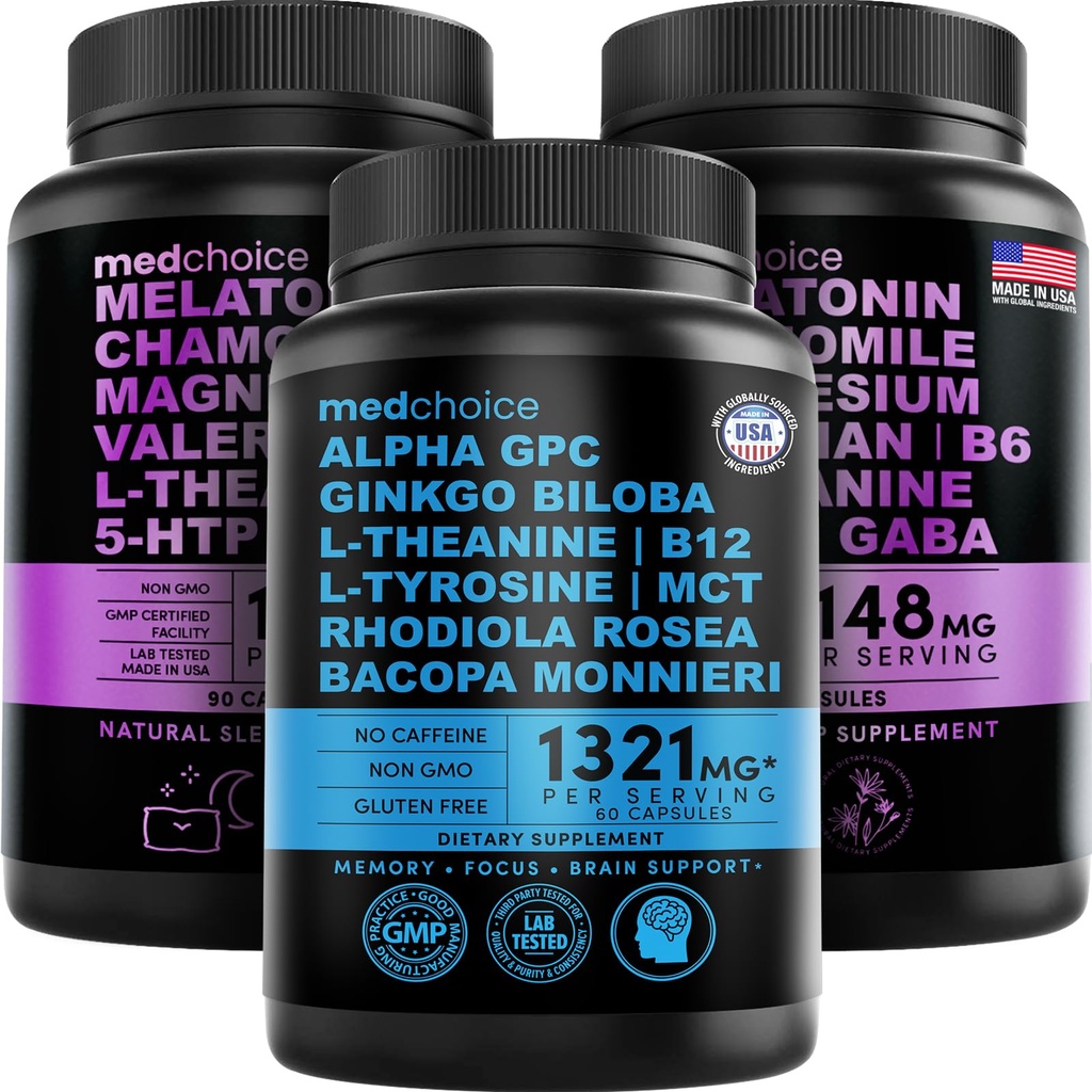 Med CHOICE Sleep Melatonin (180ct) og Nootropic Brain (60ct) Supplement Bundle - Velvære Duo for søvn, hjerne, fokus og Mood Support - Vegansk, ikke-GMO, Glutenfri