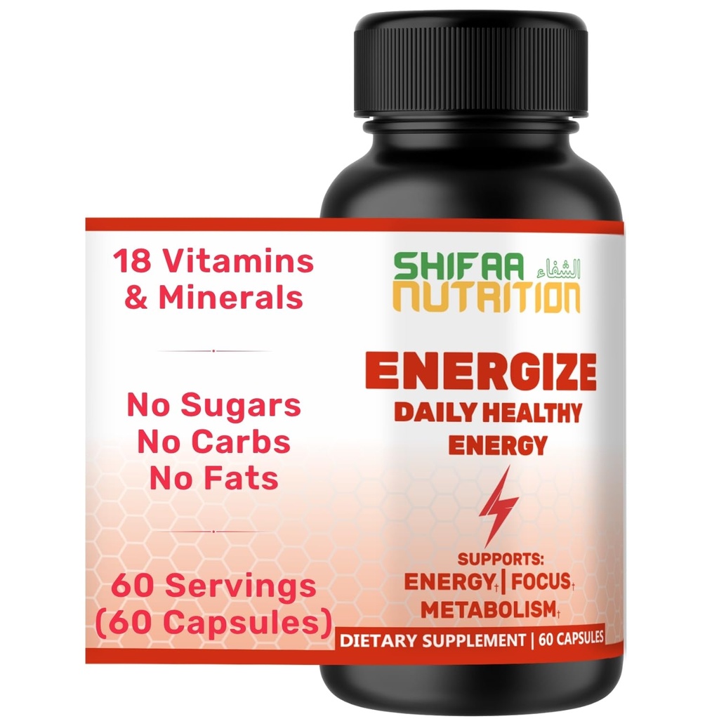 SHIFAA NUTRITION Energize, Naturlig Daglig Energi Vitaminer | Jitter-fri, 60 Serveringer | Støtter Fokus, Mood, Hjerne, Metabolisme | m/kaffein & Taurin, B1, B2, B5, B6, B7, B9, B12 Halal vitaminer