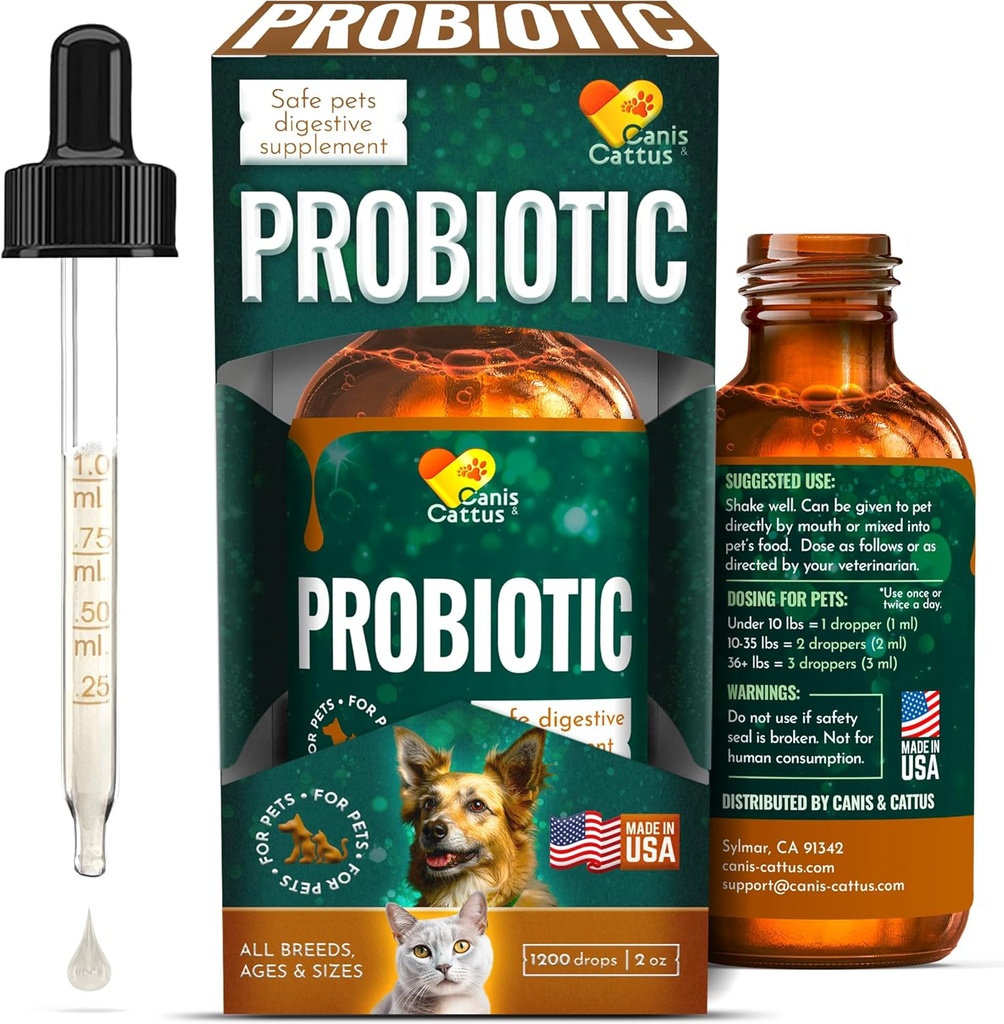 Canis & Cattus Probiotika til katter – flytende Cat Probiotika med Digestive Enzymer for gass, Bloating, Diaréa & Upset Mage – Easy-Mix Drops – 2 oz