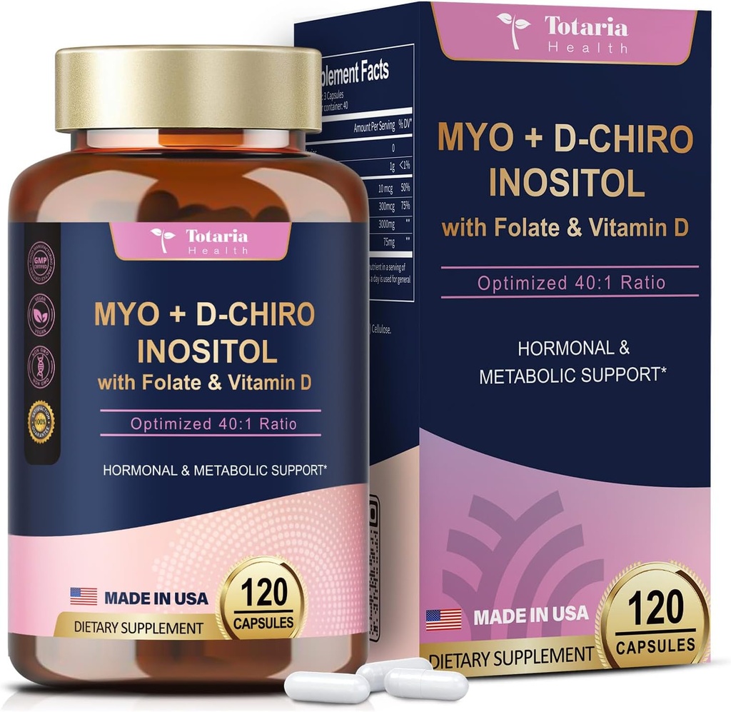 Totaria Inositol Supplement for kvinner med vitamin D3, Folat, 40:1 Forhold Myo-Inositol 3000mg & D-Chiro Inositol 75mg kompleks, vitamin B8 Inositol Supplement for kvinner hår, negl, hud helse