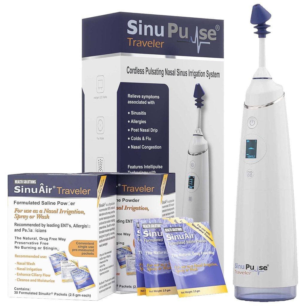SinuPulse reisende med 90 Sinuair pakker - Trådløs pulserende nasal irrigasjon Sinus rengjøringssystem, Space Sparing Cleaner & Relief Machine for reise, mer effektiv enn Neti Pot eller Nese Spray Flaske