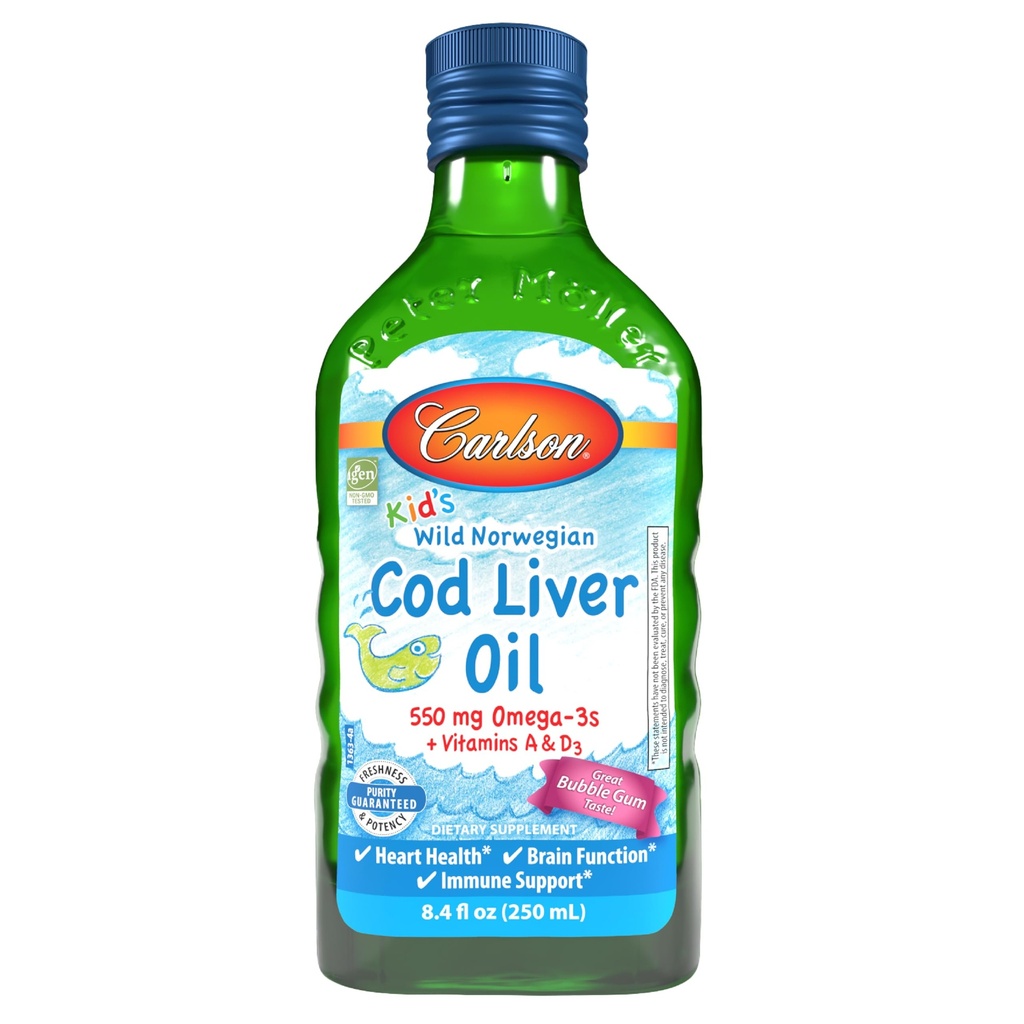 Carlson - Kid's Cod Liver Oil, 550 mg Omega-3s, vitaminer A & D3, Wild Norwegian, Bubble Gum, 250 ml