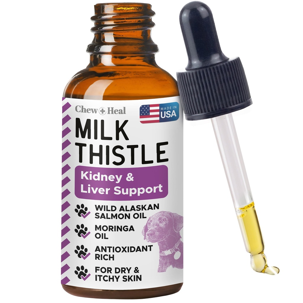 Melk Thistle for hunder lever støtte - 2 oz flytende melk tistel Supplement for nyre- og leverstøtte - med Wild Alaskan Salmon olje og Moringa olje - laget i USA