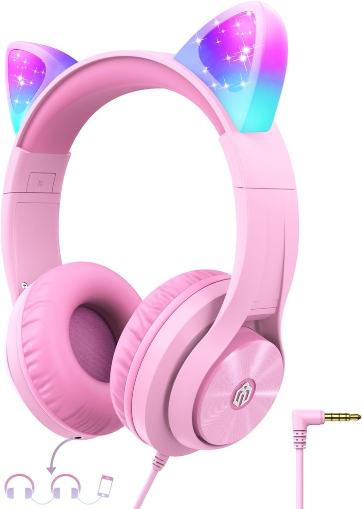 iClever Kids Hodetelefoner med katt øre Led Light Up, Safe Volume Limite, FunShare, Foldbare, Over-Ear hodetelefoner for barn for skole / iPad / Tabell / Travel, Meow Donut-Pink