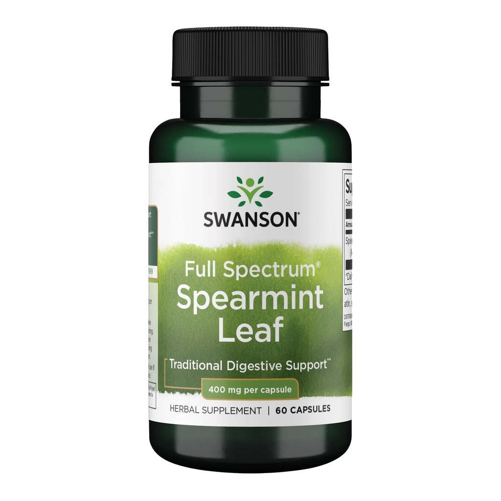 Swanson Spearmint Leaf (Mentha Spicata) - Full Spectrum Herbal Supplement Støtter Digestive helse & Mild Mageproblemer - Naturlig Formula Støtter Helse & Velvære - (60 kapsler, 400 mg Hver)