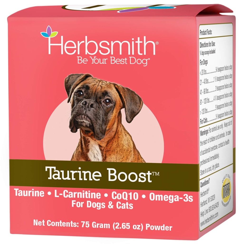 Herbsmith Taurin Boost - hjerte og hjerte støtte for hunder og katter - Taurin Supplement for hund og katt hjerte helse - med CoQ10, Taurin og L-karnitin for hunder - 75g