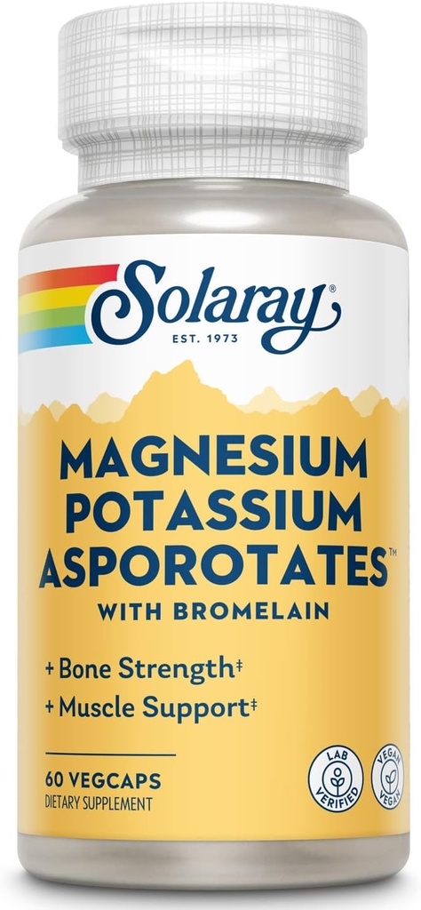 Solaray Magnesium og Kalium Asporotater w/bromelain, Sunn Electrolyt, Muskel, hjerte og cellulære støtte, 60 Vegkaps