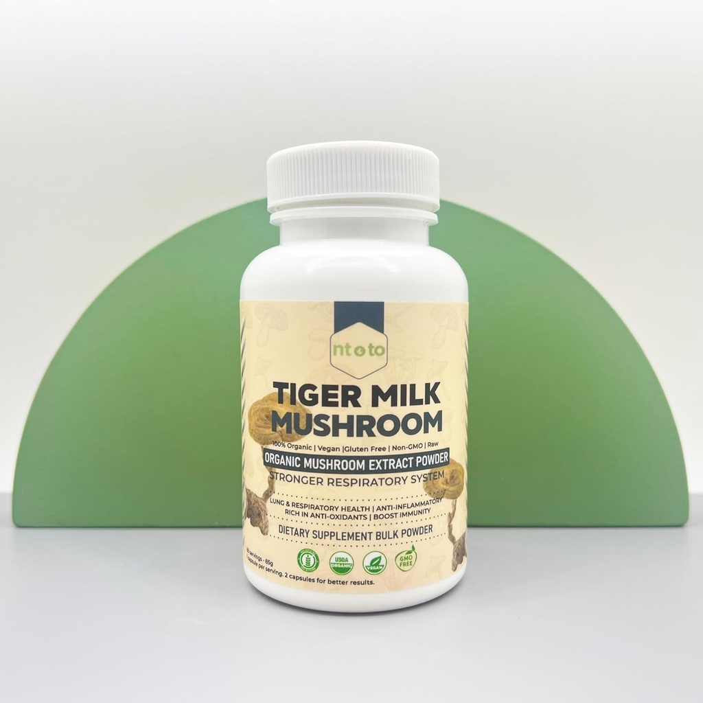 Tiger Melk Mushroom Supplement (Lignosus Rhinocerus) 60 Kapsler | Støtter lunger og pustende helse - Herbal Extract - Ikke-GMO, Vegan, Økologisk | 60 Serveringer