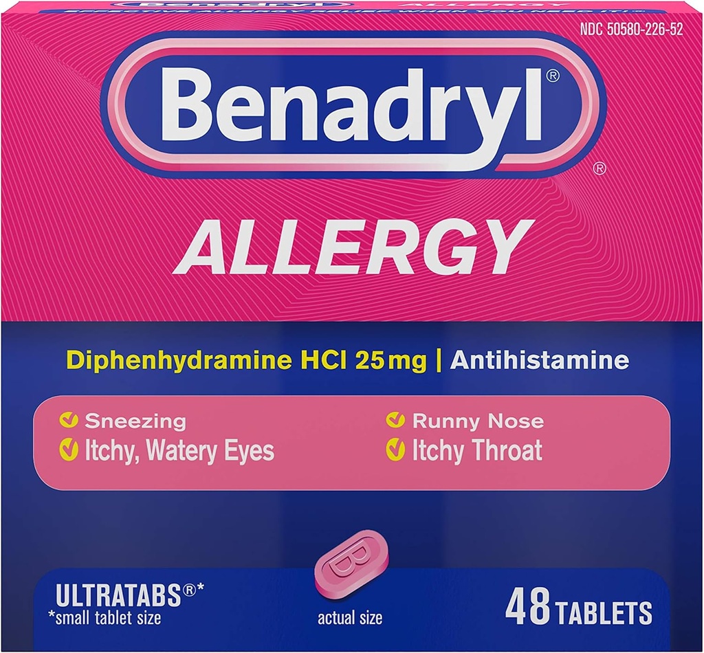 Benadryl Ultratabs Antihistamin Allergi medisin, Diphenhydramin HCl tabletter, 48 ct