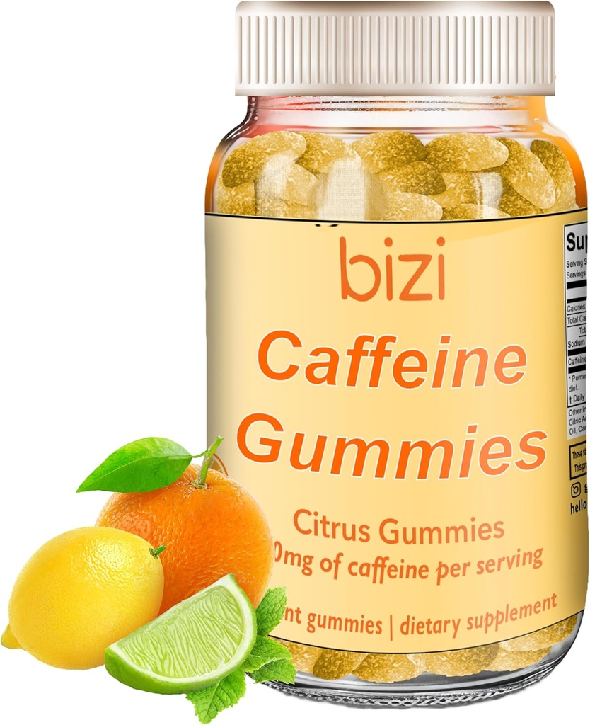Bizi Koffein Gummies for menn og kvinner, Energitilskudd for å øke fokus, Koffein Gummies for voksne, 30 mg Koffein per gummy, Citrus Flavor (60 ct)