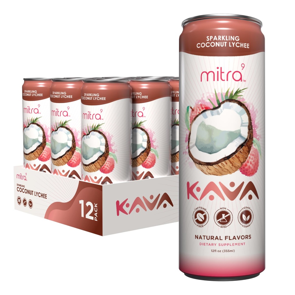 MITRA-9 Botaniske Drikke - Kokos Lychee Sparkling Kava Drikke med Kava Root Extract - Mood Enhancer - Plant Basert - Fremmer naturlig ro og klarhet (12 fl. Oz) (12)