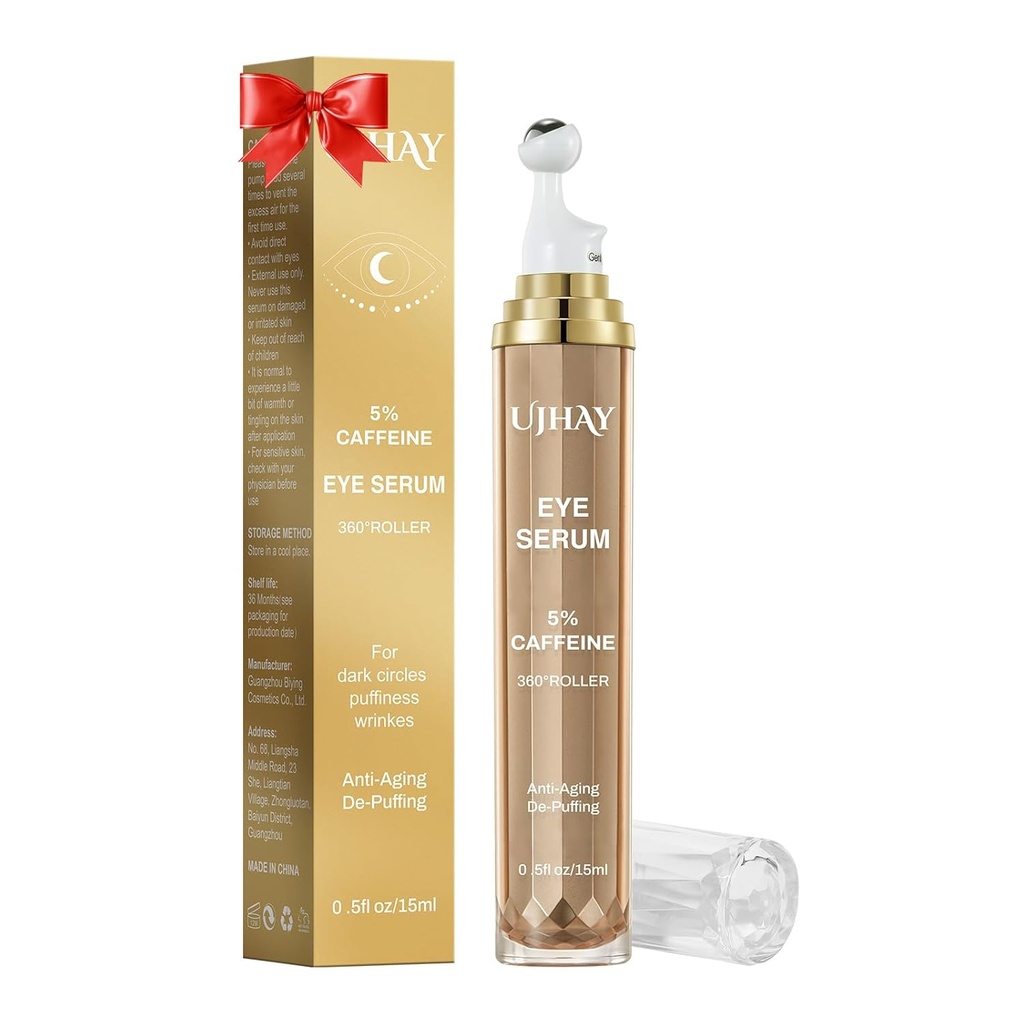 5% Koffein Øyekrem, Under Øye Serum for mørke sirkler, Puffiness & Wrinkles Fine linjer, Eye Roller Serum med 360° Massage Ball, Øyebehandling Balm for menn og kvinner
