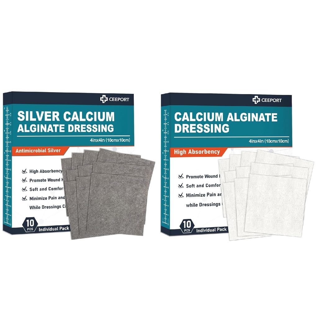Sølvkalsiumalginat dressing(4 "x 4" 10 stk) + kalsiumalginat kjole (4 "x 4" 10 stk)