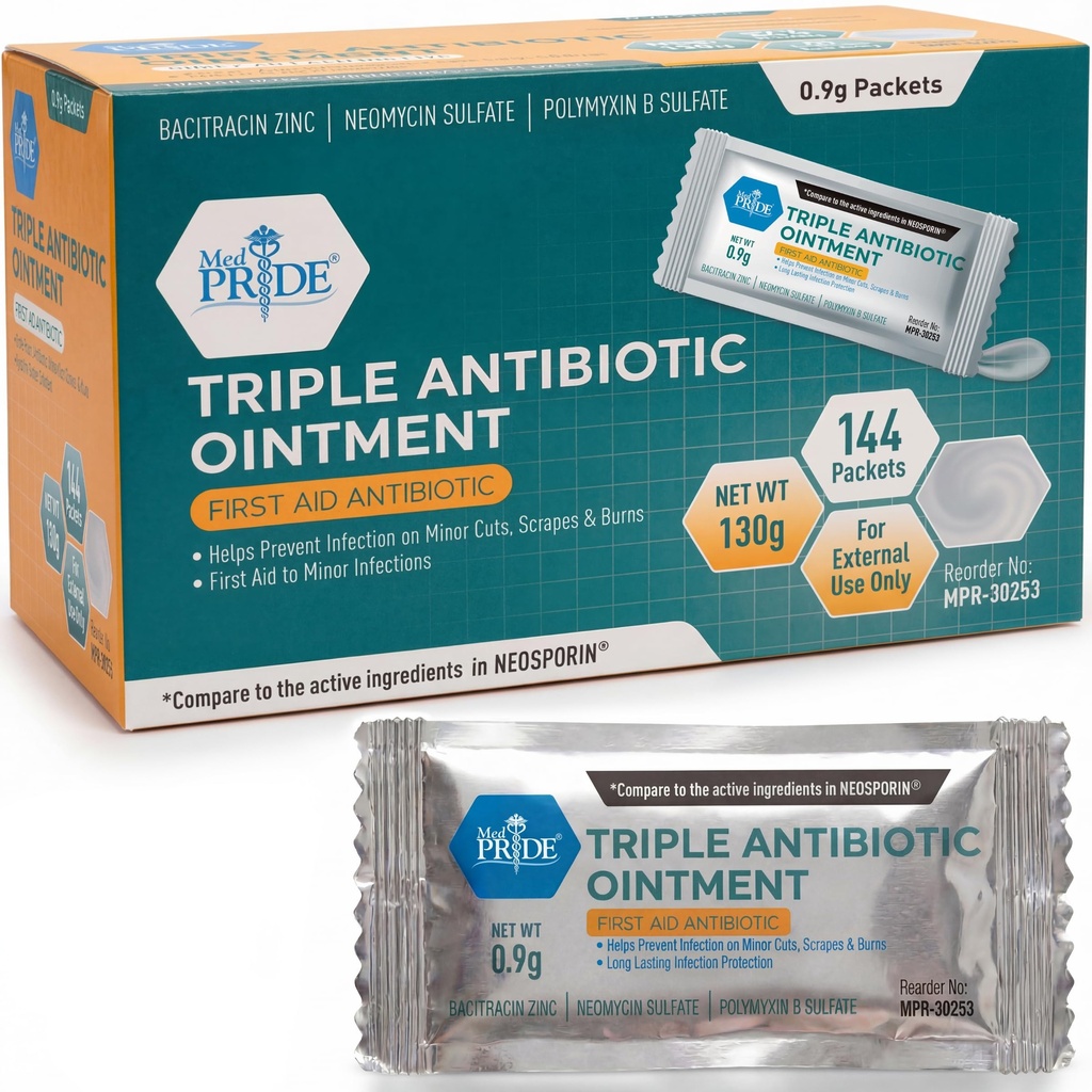 Med PRIDE Triple Antibiotic Ointment Packets bulk 144 X 0.9g, Individuelle Antibiotiske Ointment Packets for Burns, Cuts, Sårpleie