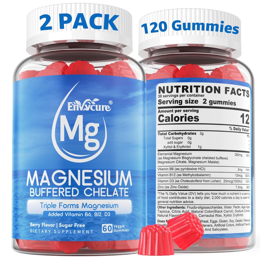 Magnesium Gummies - Triple Magnesium Complex, Magnesium Glykinat Gummies  Magnesium Magnesium Glykinat, Malat, Citrat m/ D3 B6 B12, for ro, søvn og muskel crampe | Høy absorpsjon | Vegan, 2 pakke