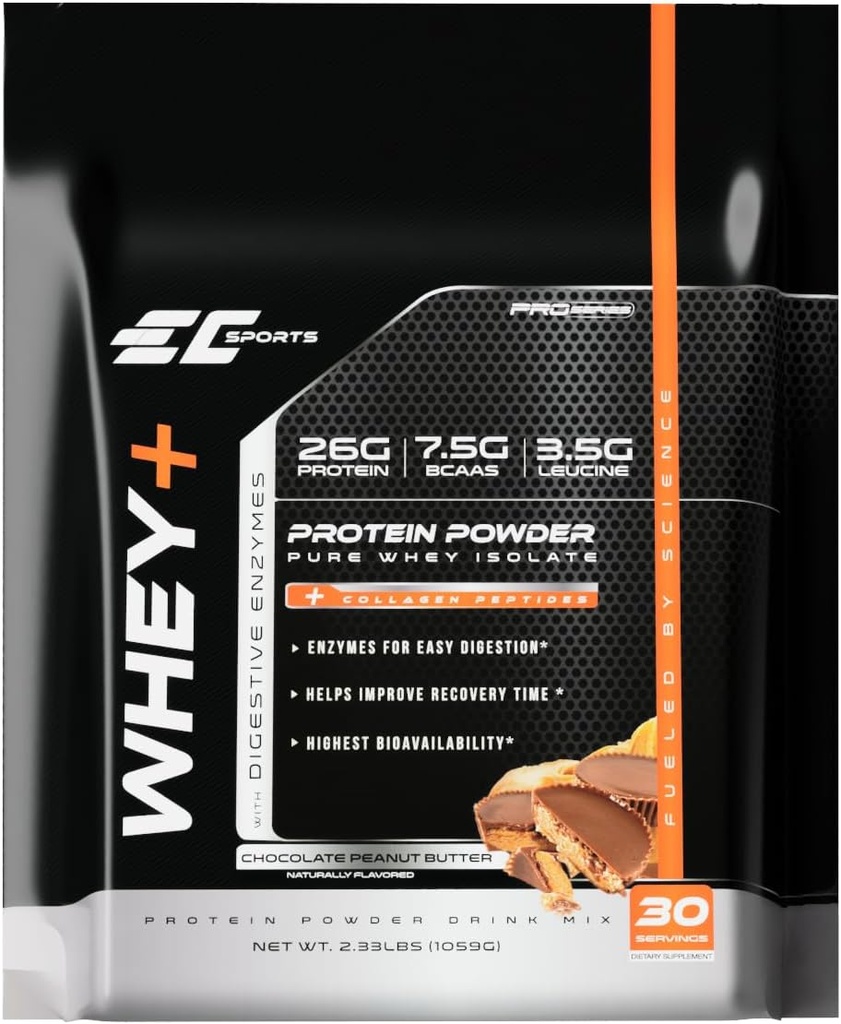 EC Sports Whey+ Protein pulver, sjokolade peanut smør blanding w/Digestive enzymer - Isolate Supplement, kollagen peptider m/Swift Reform - 30 Services