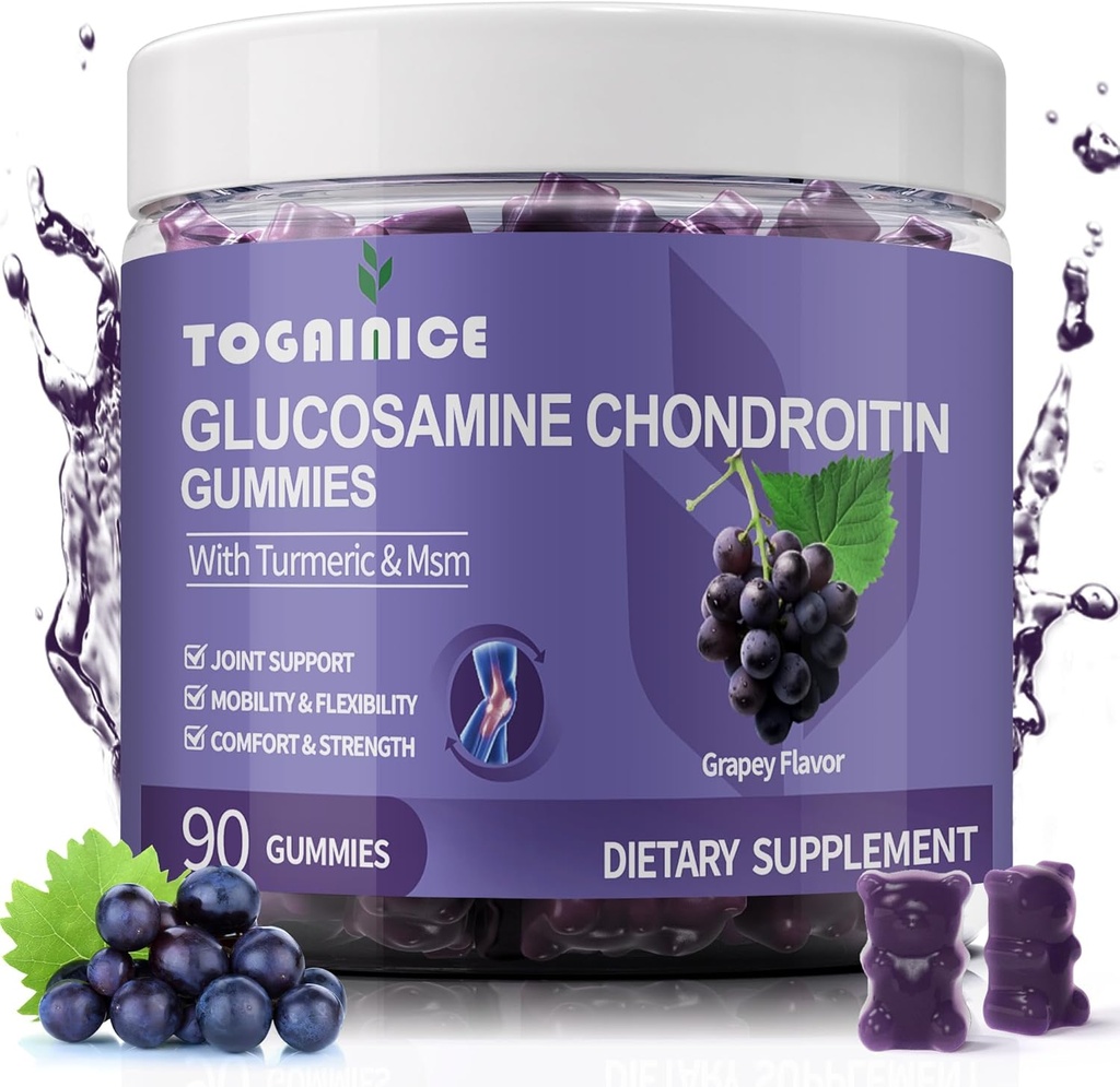 Glukosamine Chondroitin Gummies Sukkerfri,Extra styrke 1500mg Glukosamin med MSM & Turmeric,Joint Support Gummies Supplementer for menn og kvinner, for felles fleksibilitet og bein helse, 90 Count V01