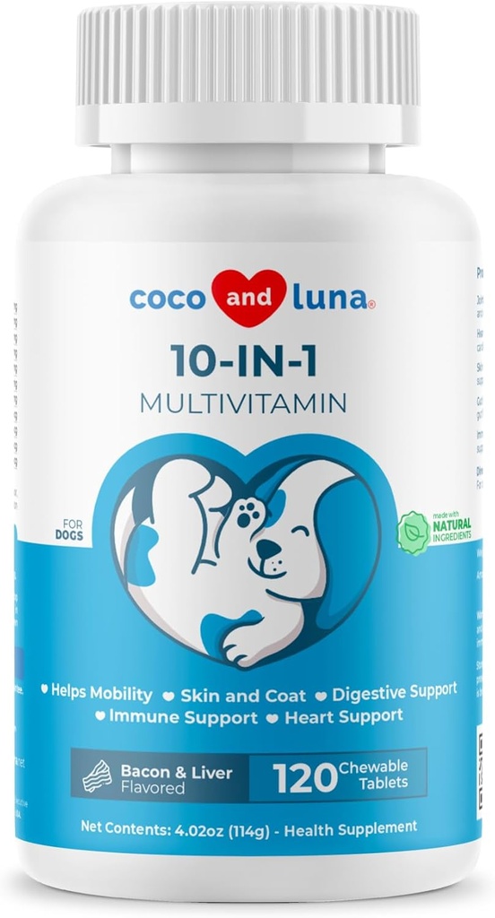 10 i 1 Multivitamin for hunder - 120 Chewable Tabletter med glukosamin og Chondroitin - Fiskeolje og vitaminer med Coq10 for hud og hjerte helse, Gut & immunsupport