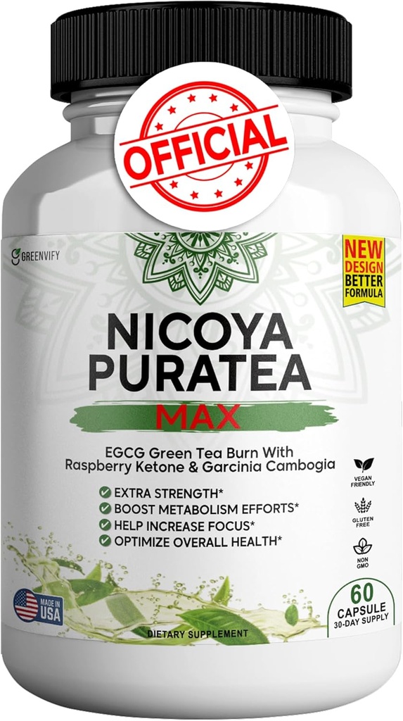 Nicoya PuraTea Max Grønn Te Ekstrakt & Grønn Kaffebønner for Metabolisme Støtte, Naturlig energi Boost, Antioksidant-Rich Supplement – 60 kapsler