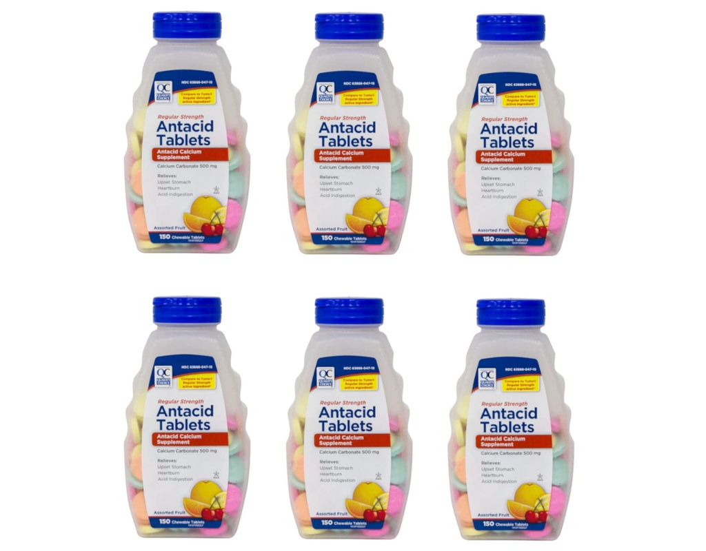 Kvalitetsvalg Vanlig styrke Kalsiumkarbonat 500 mg Antacid Chewable tabletter, 150 greve - Pakke med 6