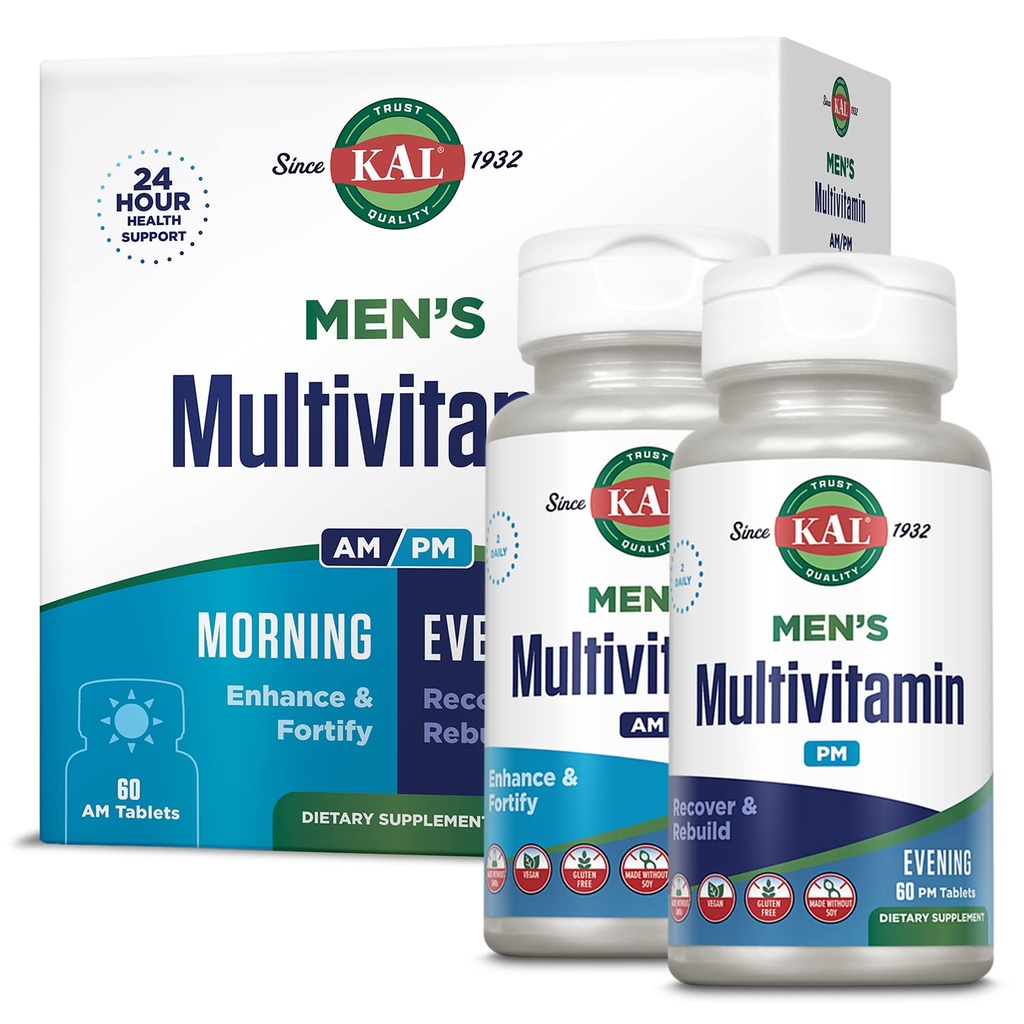 KAL Menns Multivitamin AM / PM, Antioksidanter Supplement, Muskel, Immun, Electrolyte Balance, Total velvære støtte, laget uten GMOs og soya, Vegan, 30 Serveringer, 120 tabletter